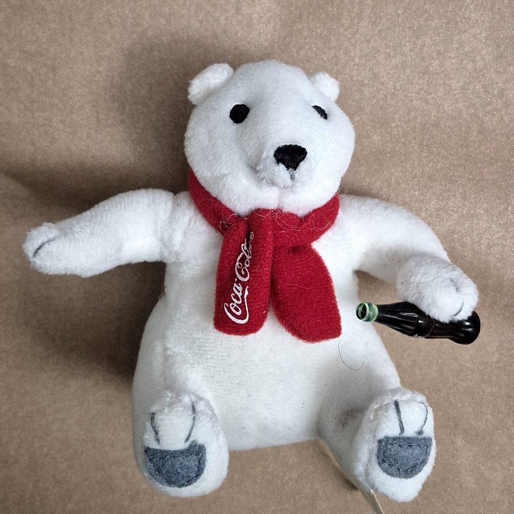 Vtg Coca Cola Plush Polar Bear Ornament with the red scarf and holding a bottle